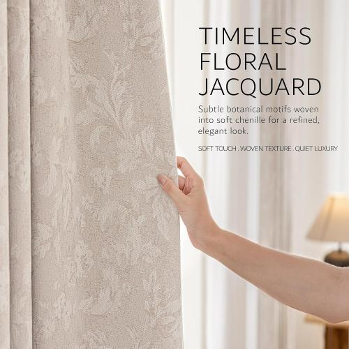 Floral Jacquard Beige Blackout Curtains for Bedroom 84 Inch Long 2 Panels