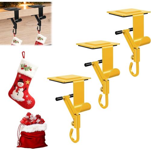 No-Drill Fireplace Stocking and Garland Hanger for Mantel 2-in-1 Adjustable Heavy Duty Christmas Hooks, Tool-Free Clip-On Design Holds Stockings Garland Securely for Indoor Outdoor Decor (3-gold)