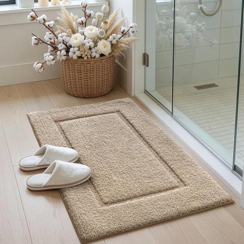 DEXI Bath Mat 24x16, Soft Absorbent Bathroom Rugs Non Slip, Beige
