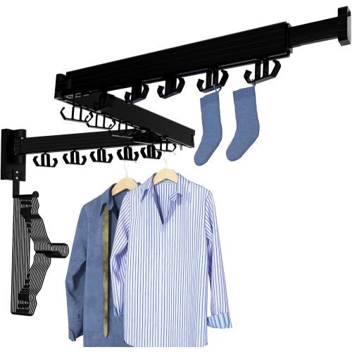 Kelisiting Clothes Drying Rack, Wall Mounted Laundry Drying Rack, Upgrade 3-Fold Foldable Collapsible Retractable Clothing Drying Rack with 12 Dual Hooks Organization for Laundry Room Indoor- Black