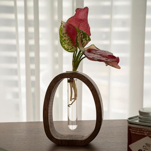 Acacia Small Wood Vase, Glass Tube Plant Propagation Station, MCM Decor