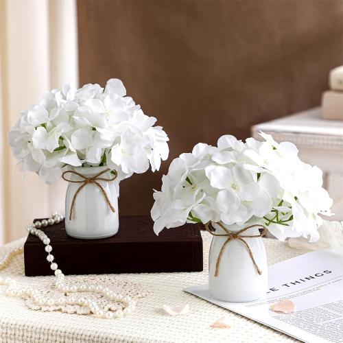 Geelin 2 Set Artificial Hydrangea Flowers with Glass Vase Faux Silk Hydrangeas Flowers Heads with Stems Floral Bouquets Vase Gifts for Home Wedding Baby Shower Centerpieces Table Decor(White)