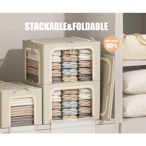 3 Openings Large Clothes Storage Bins with Metal Frame, Foldable Storage Bin for Clothes,Clothing Storage Bins with Lid, Linen Storage Box With Clear Window＆ Zippers＆ Durable Handles.(3 Pcs,Beige,66L)