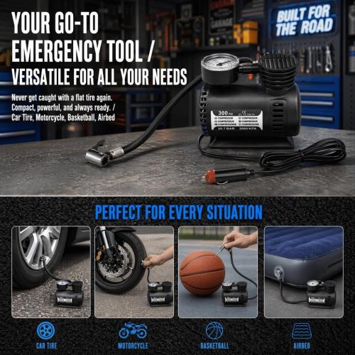 Portable Air Compressor Tire Inflator With Sports needle Nozzle adapter, ABS Black Electric Air Pump with 2.75 m/9ft Cable for Car and Motorcycle