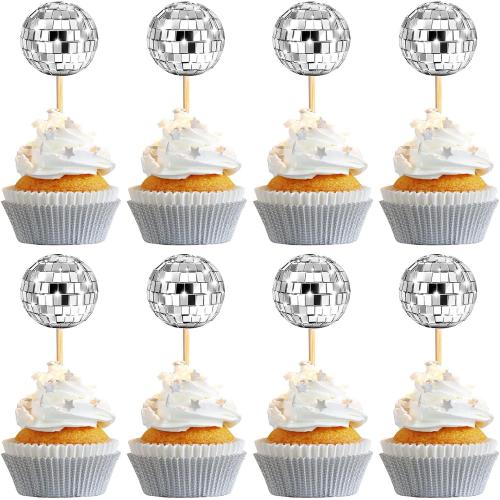 24 PCS Disco Ball Cupcake Toppers, Silver Disco Ball Cake Toppers, Mini Disco Ball Cupcake Decorations for 70s Disco Theme Birthday Party Wedding Anniversary Decorations