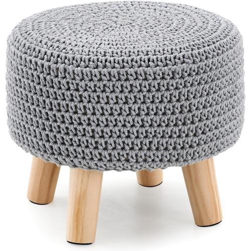 Boho Ottoman Foot Stool Cotton Knitted Round Pouf Ottoman Foot Rest Stool with Non-Skid Wooden Legs Step Stool Padded Seat for Living Room Gray