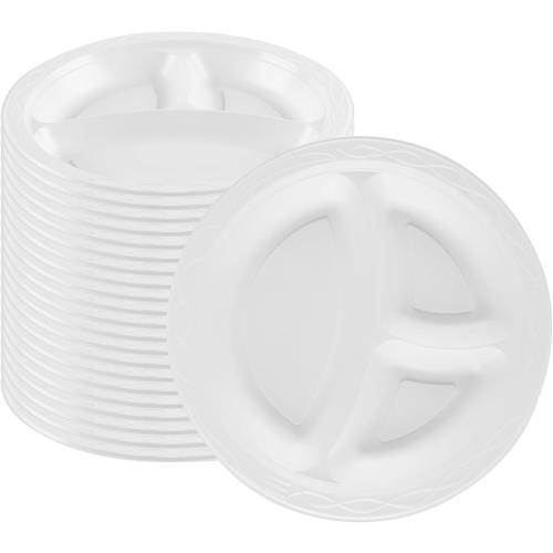 Restaurantware-RW Base 10.4 Inch Microwavable Food Plates, 150 Round Plastic Plates - 3 Compartments, Disposable, White Plastic Dinner Plates, Serve Hot And Cold Foods, For Restaurants And Cafes