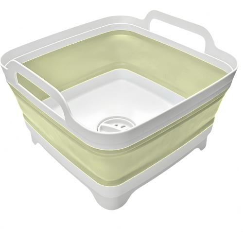 Collapsible Wash Basin 9L, Foldable Dish Tub with Drain Plug, Portable Collapsible Dish Basin, Camping Sink for Washing Dishes, Laundry & Kitchen Use (Green)
