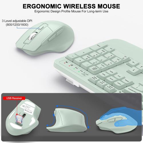 Wireless Keyboard and Mouse Combo, 2.4G Ergonomic Wave Key(Avocado Green)