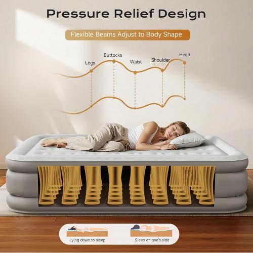Air Mattress with Built-in Pump, Comfortable Self-Inflating Air Mattress with High-Speed Pump, Durable Blow Up Mattress with Storage Bag for Guests, Camping, Travel (18 Queen, Brown Gray)