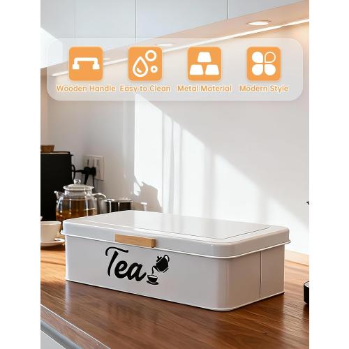 Farmhouse Tea Bag Organizer, Tea Bag Holder with 8 Compartments for Countertop, Tea Box Organizer with Wooden Handle for Home Kitchen