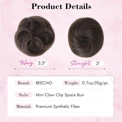 REECHO 2 PCS Mini Claw Clip in Messy & Cat Ears Hair Bun Extensions HB001 Wig Accessory Updo Hairpieces for Women (Pack of 2-3 Straight, Ash Light Brown)