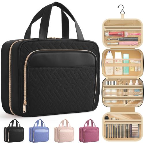 HOTOR Travel Toiletry Bag for Women & Men, Waterproof Makeup Bag with Hanging Hook and Multiple Pockets, Cosmetic Bags for Women, Travel Essentials, 11.2'' x 3.2'' x 8.9'', Black