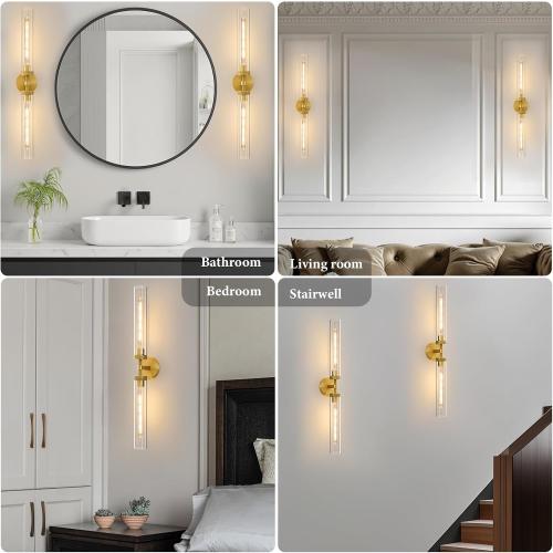 Knurled Brass Tube Wall Sconce: Set of 2 Modern Gold Bathroom Linear Lights