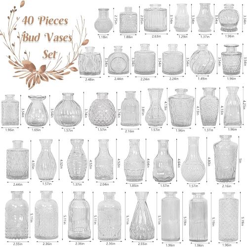 Set of 40 Glass Bud Vases, Small Clear Glass Vases in Bulk, Mini Vintage Embossed Flower Vase for Wedding, Centerpieces, Birthday Party, Home Table Decorations, Baby Shower (Clear)