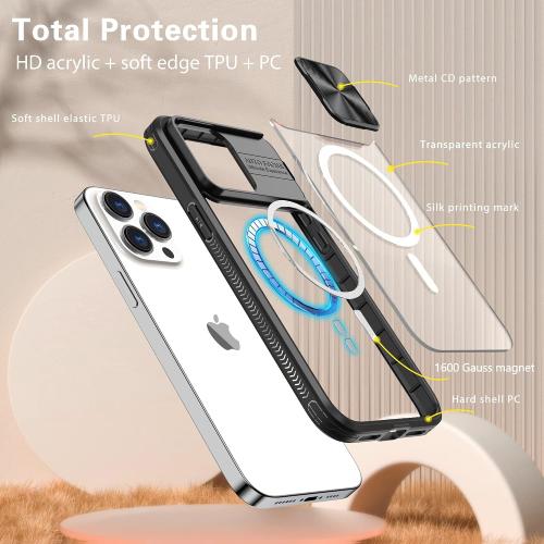 Clear Case Compatible with iPhone 14 Pro MagSafe with Sliding Camera Cover Protector, [Strong Magnets][Anti Yellow] Transparent Back Soft TPU Frame, for iPhone 14 Pro 6.1 (Black)