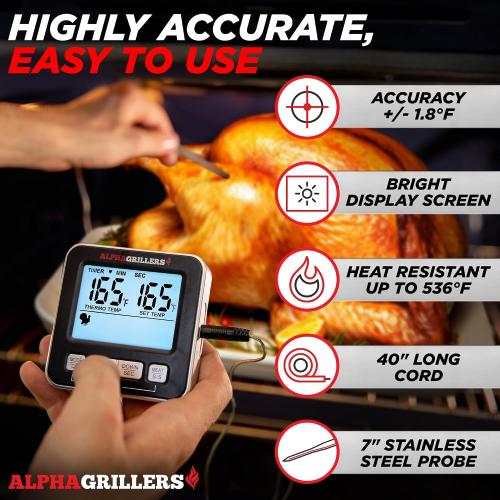 Alpha Grillers Meat Thermometer Digital - Kitchen Oven Thermometer for Cooking Food, Grilling, BBQ Smoker - 7 Preset Temperature Alerts, Timer, Alarm, & Stainless Steel Temperature Probe