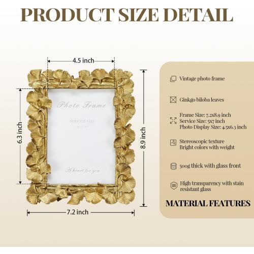 Cuspin 5x7 Picture Frame Gold Vintage Ornate Ginkgo Leaf Resin Photo Frame