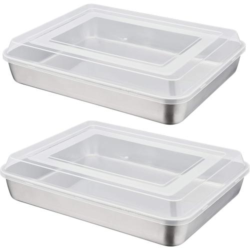 P&P CHEF Stainless Steel Baking Pan with Lid, Rectangular Cake Pans, Sheet Pan Bakeware for Baking Lasagna Brownies, 2-Inch Deep Side & Heavy Duty, Easy to Store & Clean (12.3, 4Pcs)