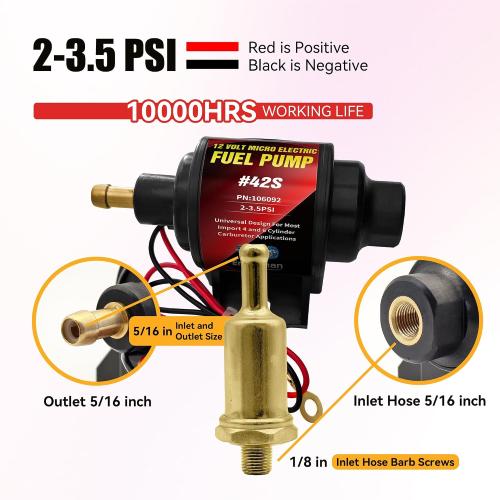 Gasoline Electric Fuel Pump Universal 5/16 Inch Inlet and Outlet Inline 12V 1-2A 28GPH 2-3.5 PSI Operating Fuel Pressure