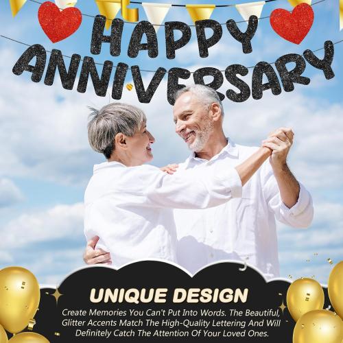 Fulmoon Happy Anniversary Banner Glitter Pre Strung No Dly, Black
