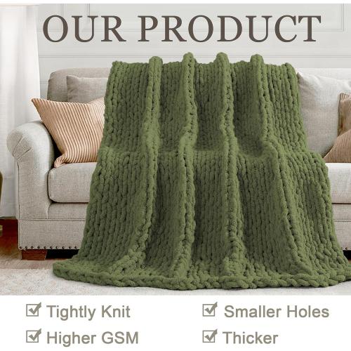 Size Large Color Green Chunky Knit Throw Blanket , 100% Handmade with Soft Chenille Yarn, 4.4lbs Thick Cable Knitted Blankets, Large Rope Knot Crochet Throws for Couch Sofa Bed Home Decor, Olive Green