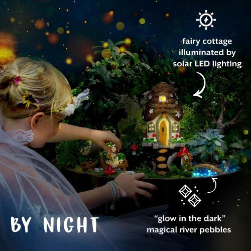 WILD PIXY Fairy Garden Kit - 13 Piece Glow in The Dark Accessories with 7.1 Outdoor Fairy House with Opening Door and Solar LED Light, Garden Door for Trees, Stones, Indoor/Outdoor Decor