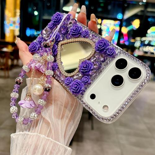Changjia for iPhone 18 Pro Max/iPhone 17 Pro Max Glitter Bling Case,Cute 3D Sparkle Heart Makeup Mirror Crystal Rhinestone Flower Diamond Gems with Lanyard Wrist Strap Case for Women Girls 6.9,Purple