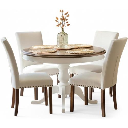 COLAMY Upholstered Parsons Dining Chairs Set of 2, Fabric Dining Room Kitchen Side Chair with Nailhead Trim and Wood Legs - Beige,No Table