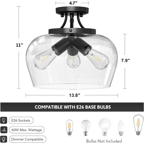 VONLUCE Semi Flush Mount Ceiling Light, 13.8 Ceiling Light Fixture with Clear Glass Shade, E26 Base, 3-Bulb Industrial Lighting Fixture for Hallway Entryway Bedroom, Matte Black, ETL Certificated