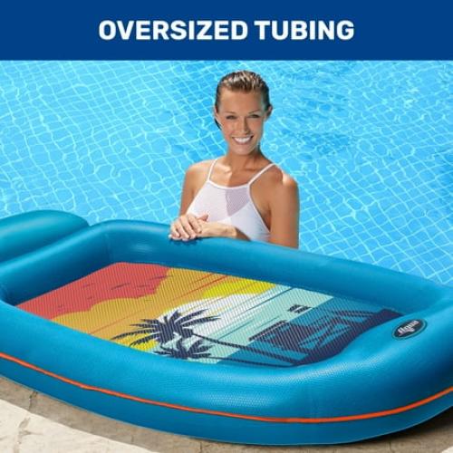 Aqua Comfort Inflatable Pool Float Lounge with Headrest & Footrest for Adults, Blue/Orange Surfer Sunset