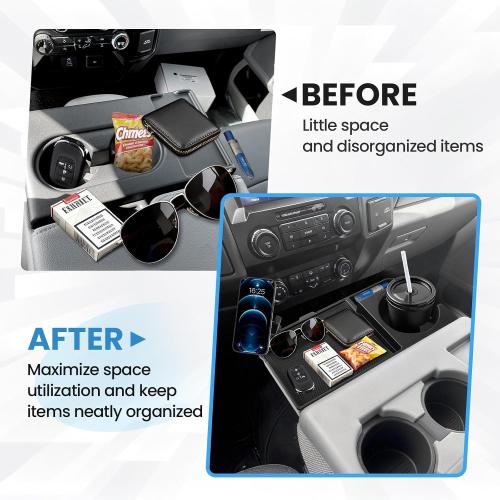 FIILINES Front Center Seat Headrest Organizer for 2011-2025 Ford F150 F250 F350 F450 F550 F650 Accessories, Coin Storage Box with Phone Holder and Large-Capacity Cup Holder (Jump Seat Only)