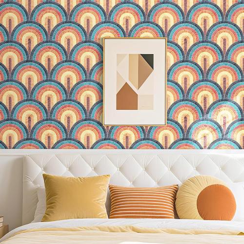 Livelynine 17.5x276 Retro Mid Century Modern Peel and Stick Wallpaper Vintage Rainbow Vinyl Bohemian Bathroom Wallpaper Waterproof Renter Friendly Contact Paper Roll Watercolor Brown Yellow Coral