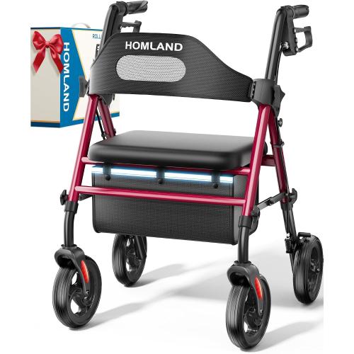 HOMLAND Foldable Rollator Walkers for Seniors with Seat, 16 Enlarged Seat | 8 Big Wheels, 16×12x1.9 Thick Padded Seat, Adjustable Seat & Handle Height, Tool-Free Assembly, All Terrain Mobility Aid
