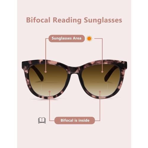 EASY READ Bifocal Reading Sunglasses for Women，Fashion Sun Readers UV400 Protection(Magnification 1.75,Pink Tortoise)