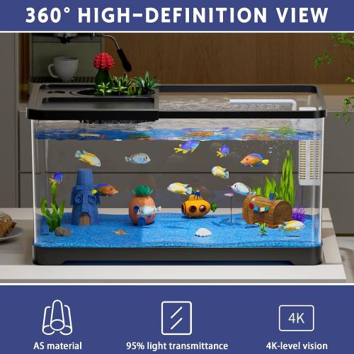 5.3 Gallon Fish Tank, Betta Fish Tank, Starter Kit, Aquarium for Beginner | LED Full Spectrum 3 Color Light, 3 Modes Filter, Hydroponic Basket, Fishing Net, Shells, Aquatic Plant, Coral, Pebbles