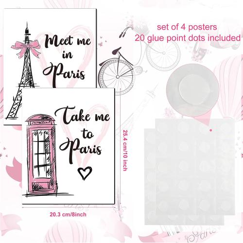 Outus 4 Pieces Paris Wall Decor Pink Paris Themed Bedroom Decor Eiffel Tower Wall Art Prints Romantic Unframed Picture Poster for Living Room Girls Bedroom Bathroom Office Decoration, 8 x 10 Inch