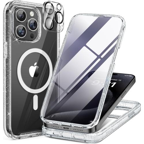 Miracase Magnetic for iPhone 15 Pro Max Case 6.7'' [Compatible with Magsafe] Full-Body Drop Proof Phone Case for iPhone 15 Pro Max with Built-in 9H Tempered Glass Screen Protector,Clear Glitter