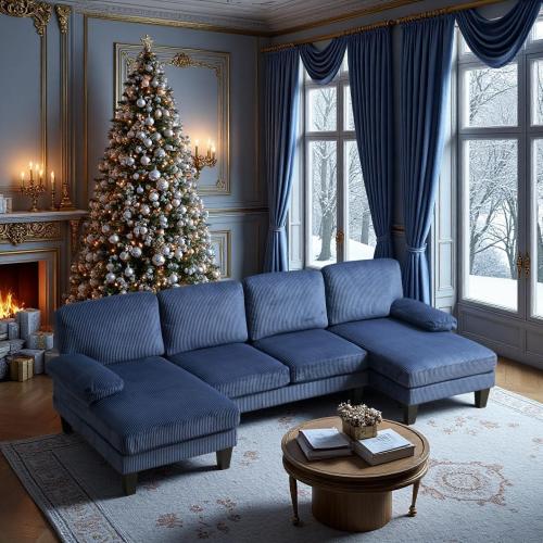 VINGLI 110 Sectional Couches for Living Room,U Shaped Couch with Double Chaise, 4-Seat Sofa Set with Corduroy Fabric for Home Furniture,Ocean Blue