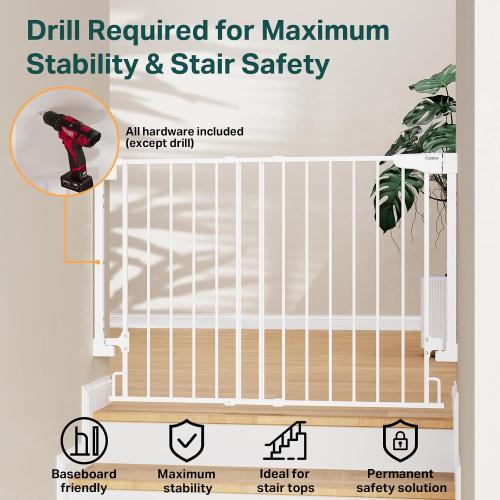 Cumbor 29.2–43 Baby Gate for Stairs, Hardware Mounted (Drill Required), Expandable No Bottom Bar Dog Gate, Auto Close Extra Wide Walk Thru, Pet & Toddler Proof Gate, Top & Bottom of Stairways (White)
