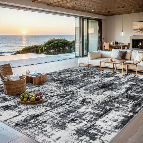 8x10 Area Rug Living Room: Modern Abstract Washable Carpet Black