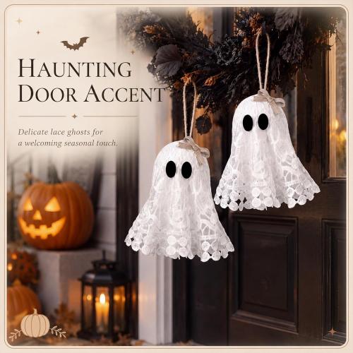 Briwooody 6 Pcs Halloween Ghost Hanging Ornaments for Tree White Lace