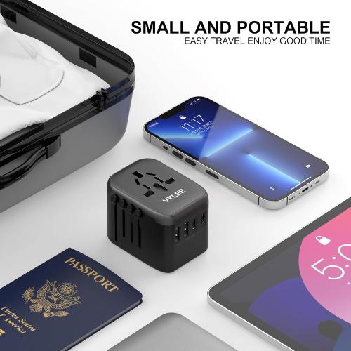 Universal Travel Adapter, VYLEE 5 in 1 International Power Adapter, 3.5A 2xUSB-A and 2xUSB C Wall Charger, Worldwide Travel Essentials Plug for Europe USA UK AUS Asia (Black Grey)