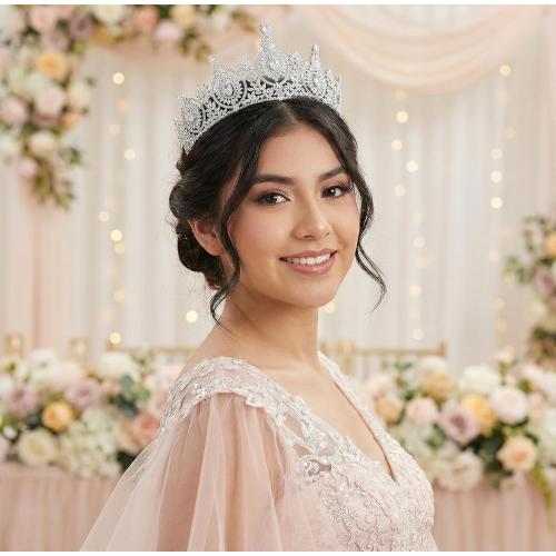 Vintage Cubic Zirconia Wedding Tiara for Bride Quince Prom Homecoming Pageant Costume Princess Queen Crown Large Crystal Birthday Headpieces Silver Bridal Hair Accessories