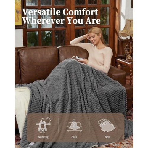 Garvee Heated Blanket King 90x100, Dual-Zone Controllers Jacquard Flannel Blanket for Cozy Bedroom, 10 Heat Settings, Grey