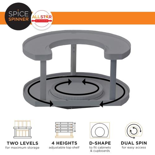 Allstar Innovations Spice Spinner Two-Tiered Spice Organizer & Holder That Saves Space, Keeps Everything Neat, Organized & Within Reach With Dual Spin Turntables- Grey