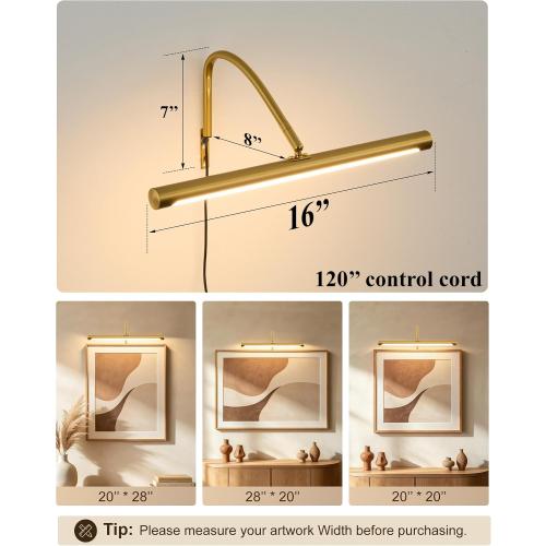 ZitoStory Plug in Picture Light for Wall, Modern Dimmable Picture Frame Lights with Remote LED Wall Art Lights for Paintings Gallery Dartboard (Gold, 16 inch)