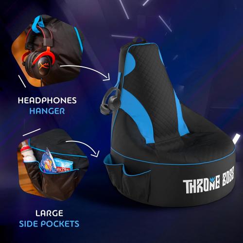 Throne Boss Gaming Bean Bag Chair Cover for Kids with High Back, Blue – Floor Gaming Chair Cover, Easy to Clean Fabric, Large Side Pockets, Headphone Hanger, Requires 200 Liters Polystyrene Beans