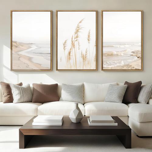 HPNIUB Modern Beach Artwork Seascape Wall Art, Seaside Framed Painting Reed Pathway Picture, Minimalist Neutral Coastal Landscape Wall Decor for Living Room,Bathroom -16'' x24'' x3