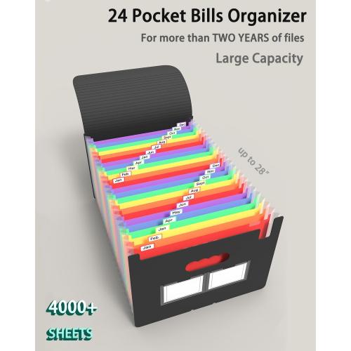 Expanding File Folder, 24 Pocket Accordion A4 Letter Size Portable Document Organizer with Colored Tabs, Expandable Bill Coupon Folder - Black